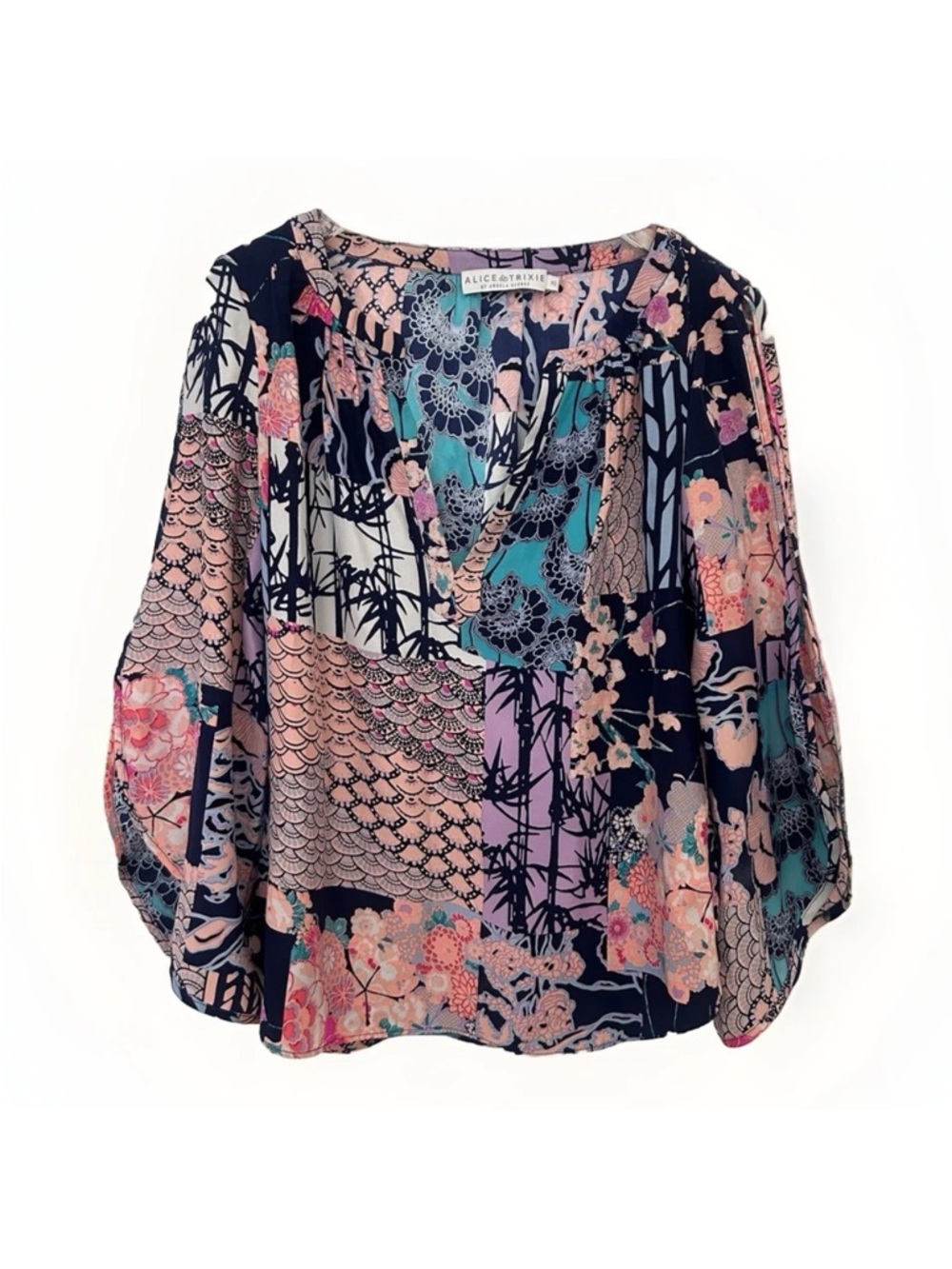 Alice and Trixie 100% Silk Blouse Top Pull Over Split Sleeve Blue Pink Size XS